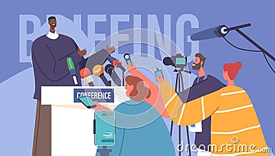 Political Mass Media Announcement, Live News Tv Broadcasting with Cameraman and Reporters Journalists Listen Black Man Vector Illustration