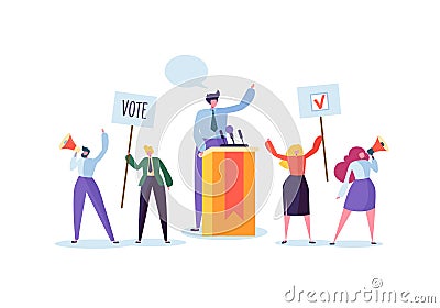 Political Meeting with Candidate in Speech. Election Campaign Voting with Characters Holding Vote Banners and Signs Vector Illustration