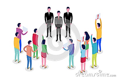 Political meeting. Public Protesting activist isometric people holding banners and placards. Vector Illustration