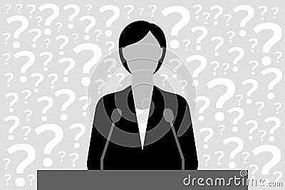 Political person or businesswoman at podium and many question marks Vector Illustration