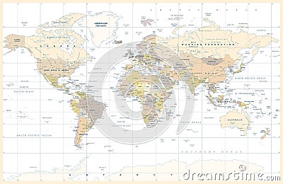 Vintage Political Topographic Colored World Map Vector Cartoon Illustration