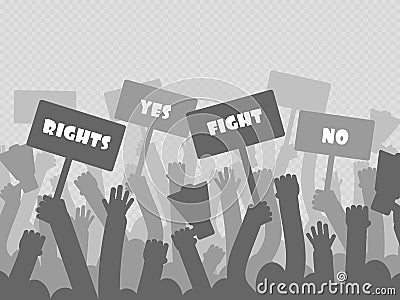 Political protest with silhouette protesters hands holding megaphone Vector Illustration