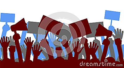 Political protest with silhouette protesters hands holding megaphone. Vector Vector Illustration