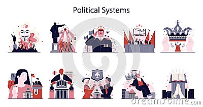 Political regimes and government system set. Political systems that regulate Cartoon Illustration