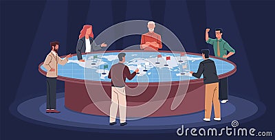 Political scene. Representatives of different parties confer around large map of world, people discussing strategy Vector Illustration