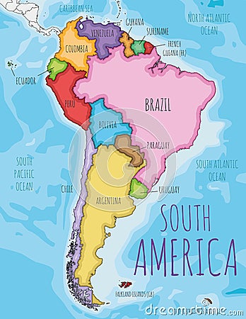 Political South America Map vector illustration with different colors for each country Vector Illustration