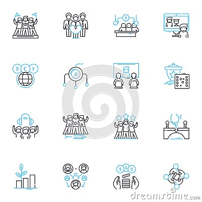 Political stability linear icons set. Consistency, Security, Reliability, Orderliness, Continuity, Harmony, Congruity Vector Illustration