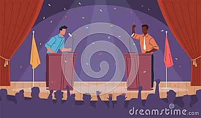 Political talk show. Two representatives of different parties, pre election debates, presidential candidate campaign Vector Illustration