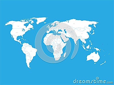Political vector World Map with state name labels. White land with black text on blue Vector Illustration