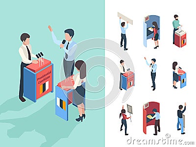 Political voting. People choice president or parliament reporters and speakers vote campaign vector isometric persons Vector Illustration