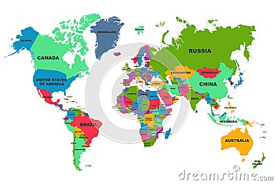 Political World Map, colourful world countries and country names, continents of the planet - vector Vector Illustration