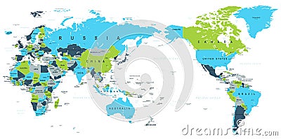 Political World Map Pacific Centered Stock Photo