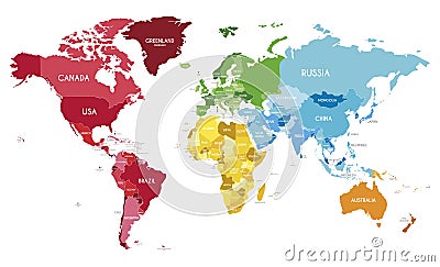 Political World Map vector illustration with different colors for each continent and different tones for each country. Vector Illustration