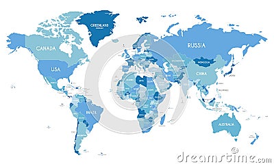 Political World Map vector illustration with different tones of blue for each country. Vector Illustration