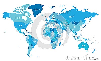 Political World Map vector illustration with different tones of blue for each country and country names in japanese. Vector Illustration