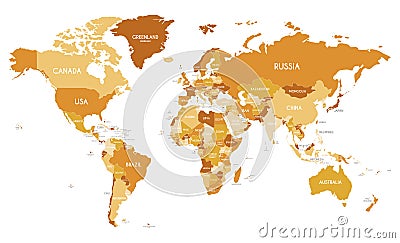 Political World Map vector illustration with different tones of orange for each country. Vector Illustration