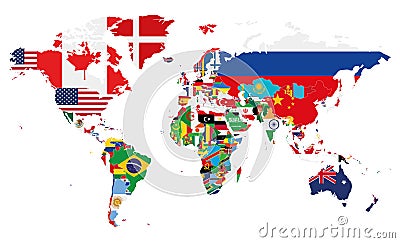 Political World Map vector illustration with the flags of all countries. Vector Illustration