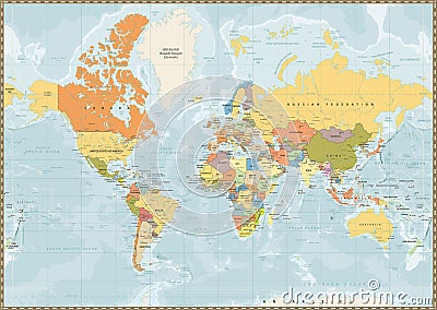 Political World Map vintage color with lakes and rivers Vector Illustration