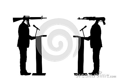 Politician debate duel, diplomacy conflict USA rifle against Russia rifle vector silhouette illustration isolated on white. Cartoon Illustration