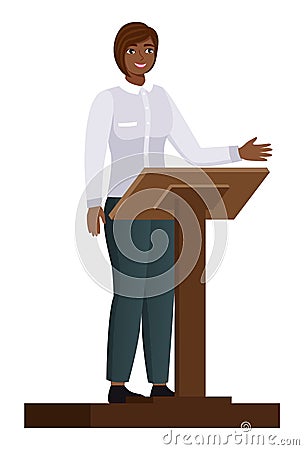 Politician woman standing behind rostrum and giving a speech. Female gives lecture stand near podium Vector Illustration