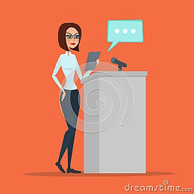 Politician woman standing behind rostrum and giving a speech. Vector Illustration