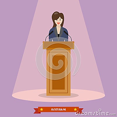 Politician woman standing behind rostrum and giving a speech Vector Illustration