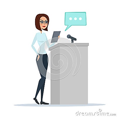 Politician woman standing behind rostrum and giving a speech. Vector Illustration