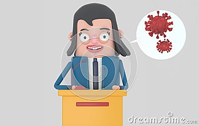 Politician woman talking about a pandemic problem. Viruses. Covid19. Isolated. 3d illustration. Cartoon Illustration