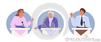 Politicians stand on tribunes debating. People on podium speak into microphones, cartoon icons Vector Illustration