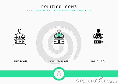 Politics icons set vector illustration with solid icon line style. Government public election concept. Vector Illustration