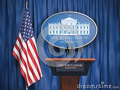 Politics of White House and President of USA United states concept. Podium speaker tribune with USA flags and sign of White House Cartoon Illustration