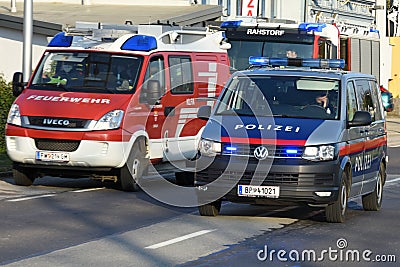 Police car and fire engine in operation Editorial Stock Photo