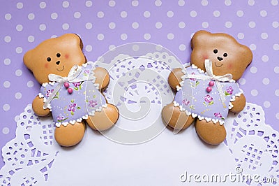 Polka-dot background with honey-cake bears and a napkin Stock Photo