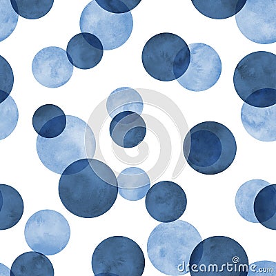 Polka dot blue navy indigo watercolor seamless pattern. Abstract watercolour background with color circles on white Stock Photo