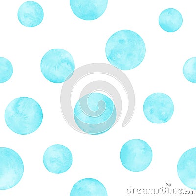 Polka dot blue, teal, turquoise watercolor seamless pattern. Abstract watercolour background with color circles on white Stock Photo