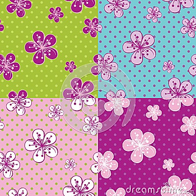 Polka dot Cherry Flowers background.Spring Seamles Vector Illustration