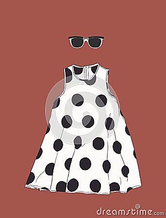 Polka dot dress with sun glasses , sketch vector. Vector Illustration