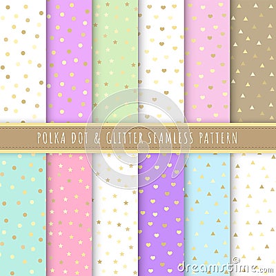 Polka dot and glitter seamless pattern collection. Set of 12 polka dot background colorful. Gold glitter. Pastel patterns vector Stock Photo