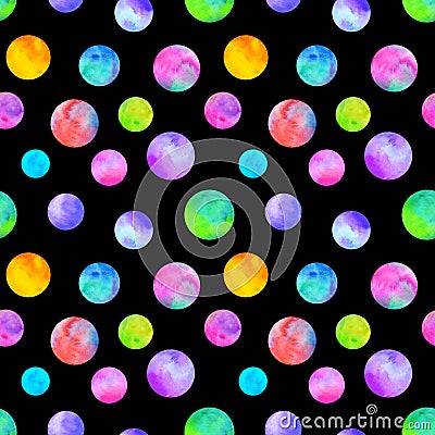 Polka dot multi-colored watercolor seamless pattern. Abstract watercolour background with colorful circles on black Stock Photo