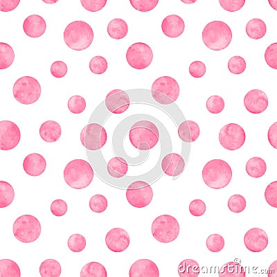 Polka dot pink watercolor seamless pattern. Abstract watercolour background with color circles on white Stock Photo