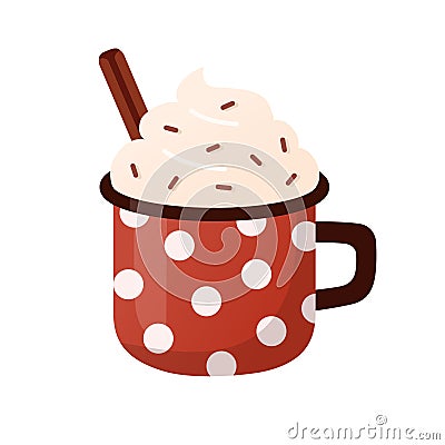 Polka dot red mug with hot dessert drink, coffee, cacao decorated with a stick of cinnamon. Flat cartoon style. Vector Illustration