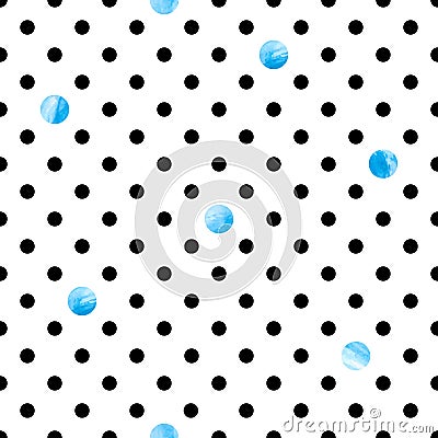 Polka dot seamless pattern with blue watercolor circles. Vector Illustration