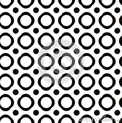 Polka dot seamless pattern with geometric figures, black and white infinite background with peas, dotted monochrome book cover, e Vector Illustration