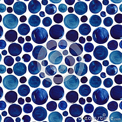 Polka dot seamless watercolor pattern. Blue ultramarine watercolor wallpaper. Cartoon Illustration