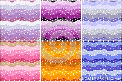 Polka dot and waves. Frills. Set of cute seamless patterns in color of petal of flowers Vector Illustration