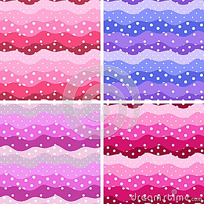 Polka dot and waves. Frills. Set of four cute seamless patterns Vector Illustration