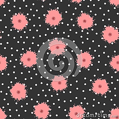 Polka dots and flowers painted with brush. Cute floral seamless pattern. Vector Illustration