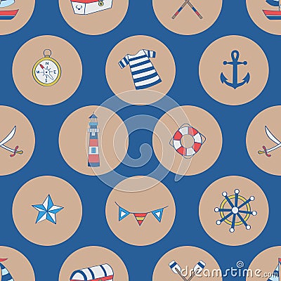 Polka dots nautical elements, boat, compass, chest, anchor, shipwheel Vector Illustration
