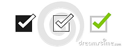 Poll vote choice check mark icon simple graphic checkbox vector set, black white tick check box checkmark square line outline flat Vector Illustration