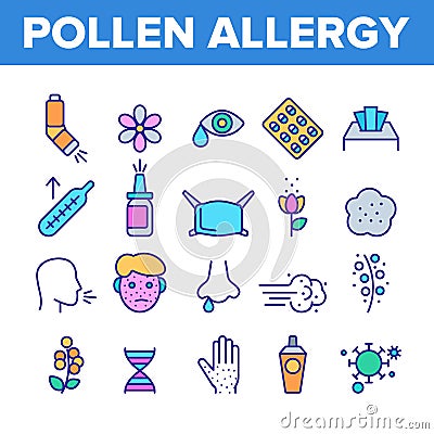 Pollen Allergy Symptoms Vector Linear Icons Set Vector Illustration